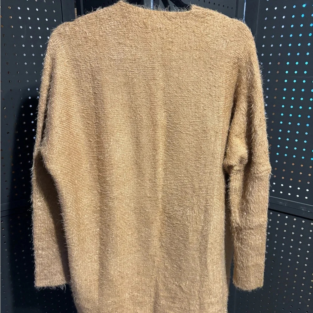 Kye Mi Fuzzy Open Front Cardigan Sweater Tan Medium Soft Cozy - Picture 9 of 9